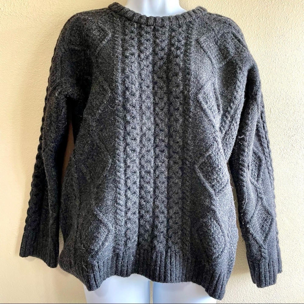 Blarney Woolen Mills Ireland Wool Cable Knit Sweater Charcoal Dark Grey